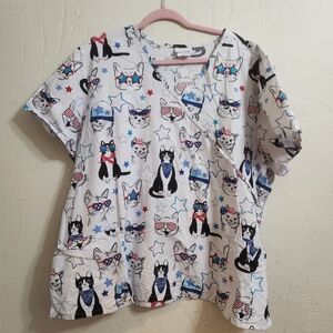 Scrub Star Cat Print Short Sleeve Top With Pockets Size 3x